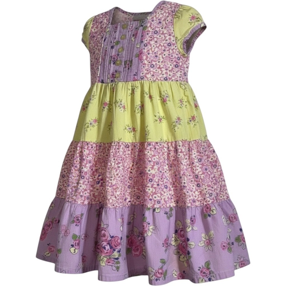 Hanna Andersson Girls Mixed Floral Tiered Cotton Dress Purple Yellow Pink 110